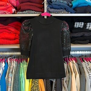Carmen black short sleeve with sequins and mesh mock neck sweater size XS